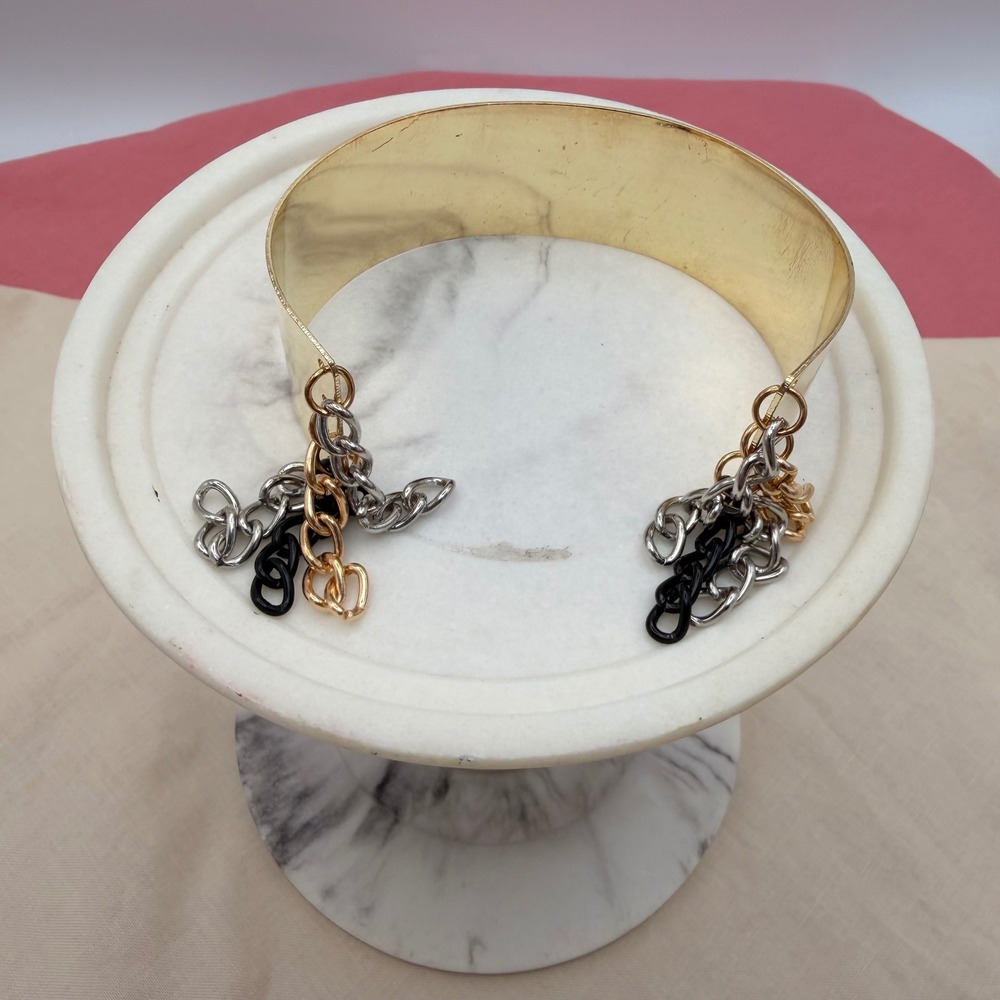 Gold Tone Metal Cuff bracelet Mixed Metal Chain Fringe Detail Statement